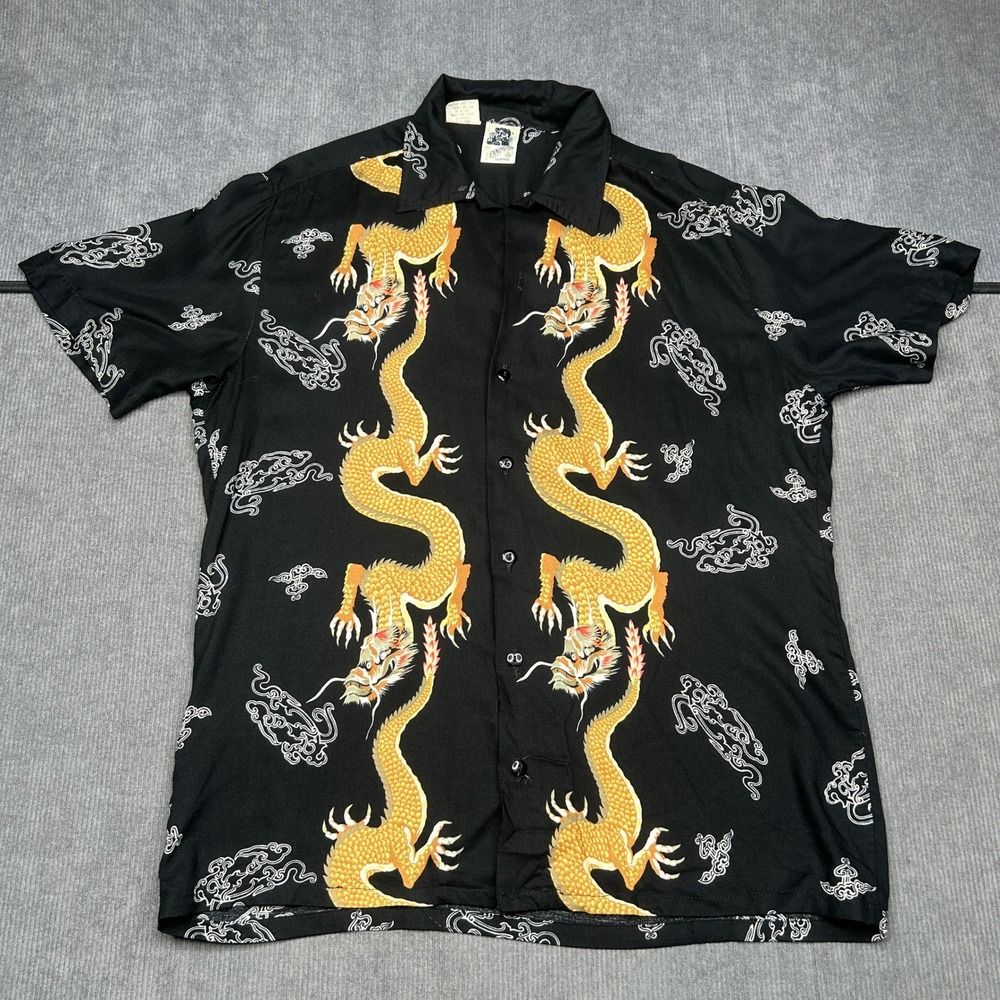 Vintage Kennington California Dragon Print Shirt Black Rayon Short Sleeve